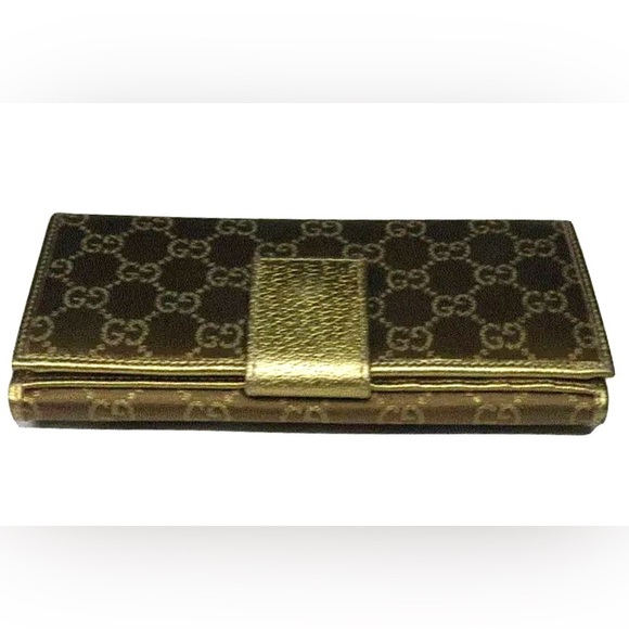 Gucci Princy Long Trifold Flap Wallet Gold Metallic and Brown GG Monogram Bow - Picture 14 of 17